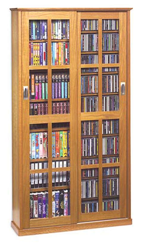 Mission Style 2 Sliding Glass Door CD DVD Storage Cabinet - Oak