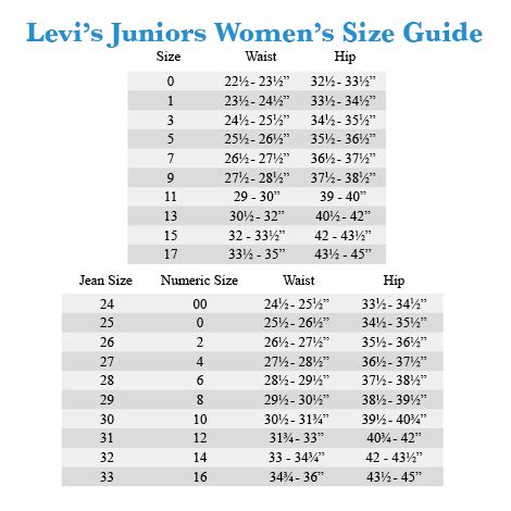 size chart specs junior Size guides