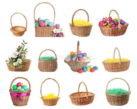 Set with Wicker Baskets on White Background. Easter Item Stock Photo ...