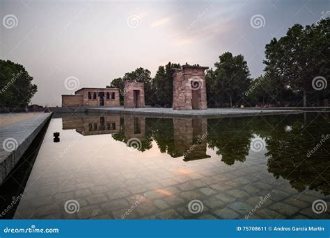 Illuminated Templo De Debod and Reflection at Sunset in Madrid Stock ...