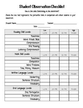 Student Observation Checklist 2 - Teacher or Administrator | TpT