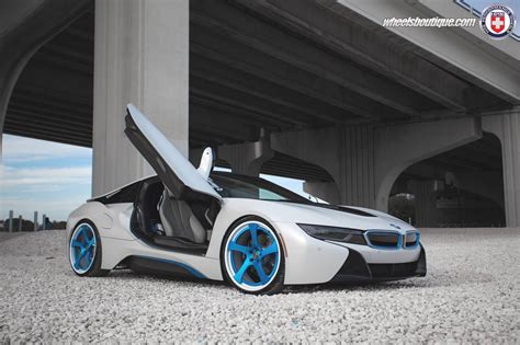 White BMW i8 Lowered on Blue HRE Wheels - GTspirit