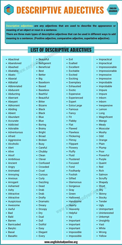 Descriptive Adjectives List, Common Adjectives, Positive Adjectives, English Grammar, English ...