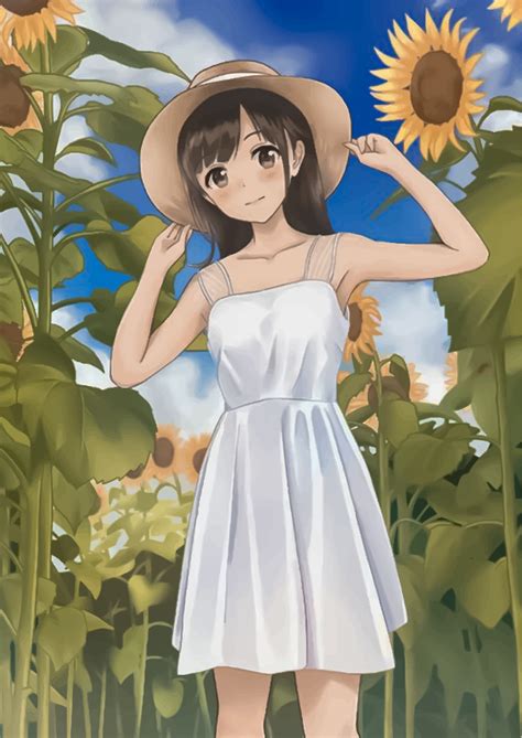 Cute anime girl in a hat on a background of sunflowers and sky 19054676 ...