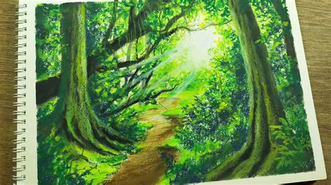 Magical secret forest drawing/Oil pastel drawing/Shiny green forest drawing/Step by step Drawing ...