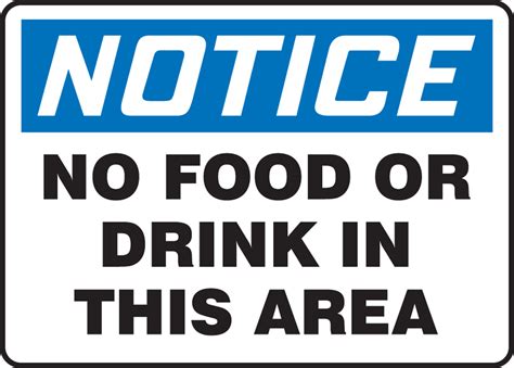 No Food Or Drink In This Area OSHA Notice Safety Sign MHSK838