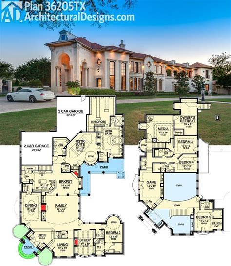 Architectural Designs Luxury House Plan 36205TX gives you almost 7,000 sq. ft. and a floor plan ...