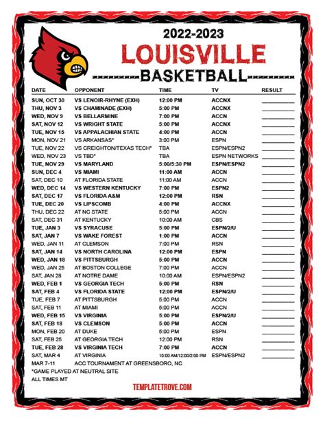 Printable 2022-2023 Louisville Cardinals Basketball Schedule