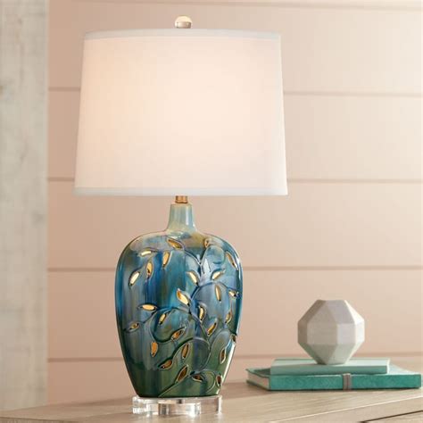 360 Lighting Cottage Table Lamp with Nightlight 24.5" High Ceramic Blue Vine Handcrafted Oval ...