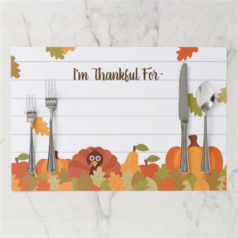 Thanksgiving Turkey I'm Thankful For Custom List Paper Placemat | Zazzle.com