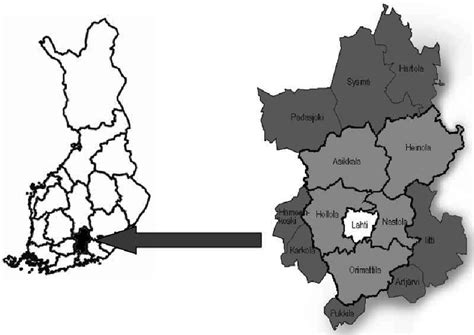 Map of Finland (left) and the Lahti region (right). The town of Lahti ...