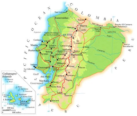 Detailed physical map of Ecuador with roads. Ecuador detailed physical ...