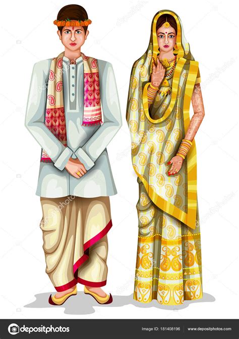 Assamese wedding couple in traditional costume of Assam, India Stock Vector Image by ...