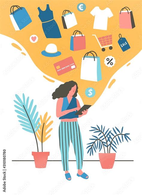 Girl shopping online flat vector illustration. Young woman buying, ordering clothes in internet ...