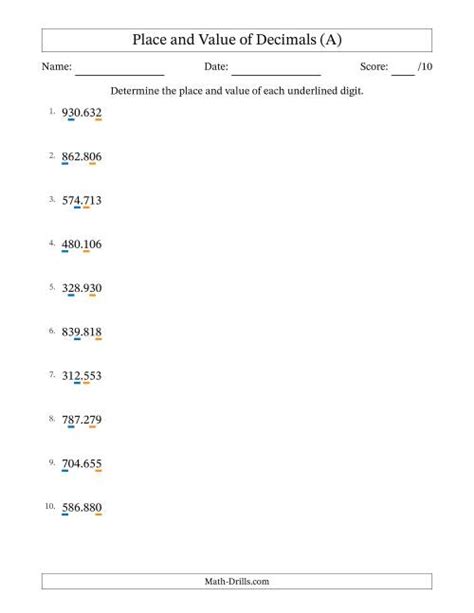 Decimal Place Value to Thousandths (Decimal Point) (A) Place Value Worksheet