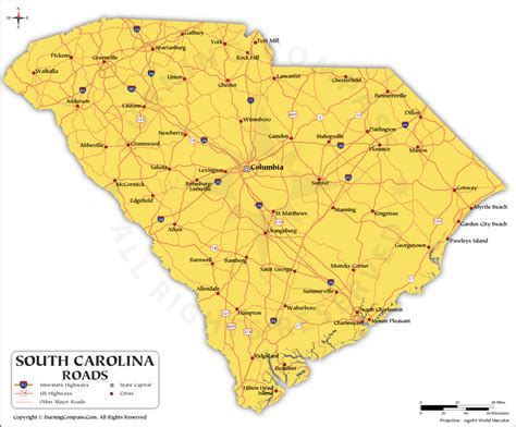 South Carolina Road Map with Interstate Highways and US Highways