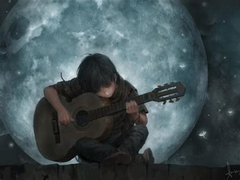 Little Boy On Full Moon Night Playing Guitar Art Wallpaper, HD Artist ...