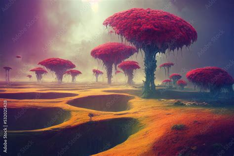 alien planet landscape with strange trees, digital art Stock Illustration | Adobe Stock