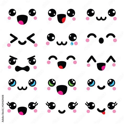 Vetor de Kawaii cute faces, Kawaii emoticons, adorable characters ...