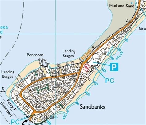 An OS map extract showing a depositional landform - a spit (Sandbanks ...