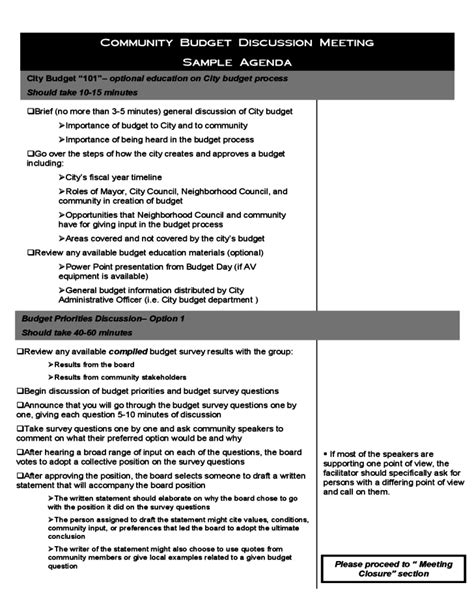 Community Budget Discussion Meeting Sample Agenda Free Download