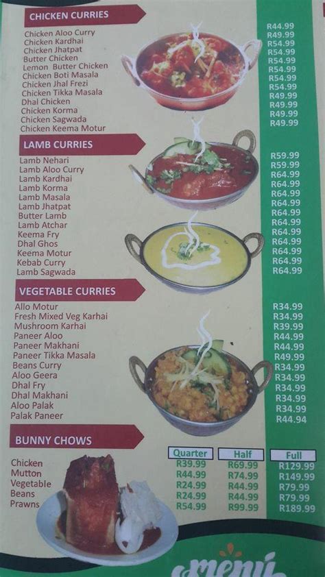 Menu at Baba's Takeaway restaurant, Durban