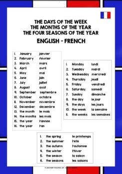 FRENCH DAYS, MONTHS, SEASONS VOCABULARY REFERENCE LIST | TpT