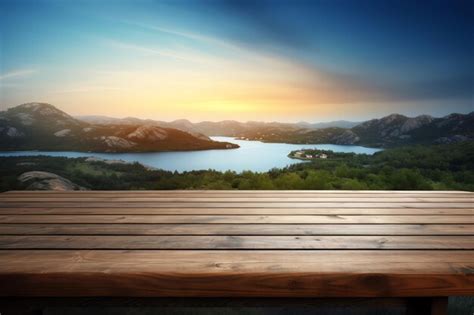 Premium Photo | A wooden bench with a beautiful landscape and a beautiful sunset