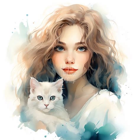 Watercolor Girl With Cat Clipart Digital Download Cat Clip Art - Etsy