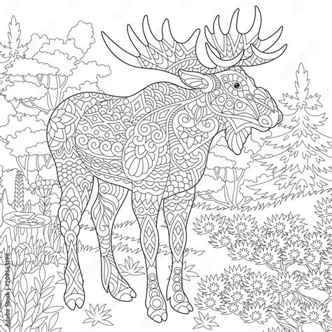 Moose, woodland animal. Forest landscape. Coloring Page. Colouring picture. Adult Coloring Book ...