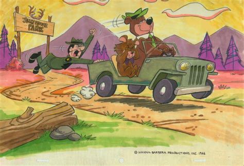 a cartoon bear riding in the back of a green jeep