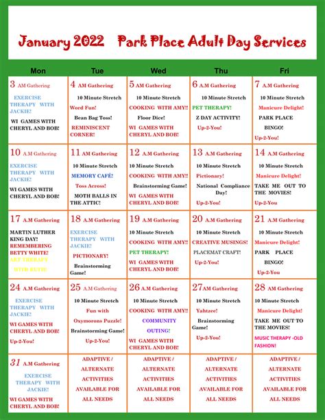 Monthly Calendar - Park Place Adult Day ServicesSupervised Day Care and Caregiver Respite