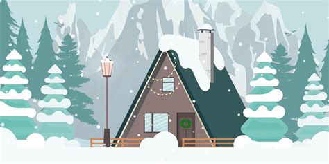 House in a snowy forest. Christmas trees, mountains, snow. Flat cartoon style. Vector ...