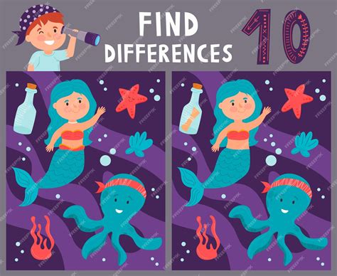 Premium Vector | Find 10 differences game for children mermaid underwater in cartoon style ...