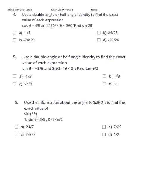 Double Angle Identities Worksheet Answers - Angleworksheets.com