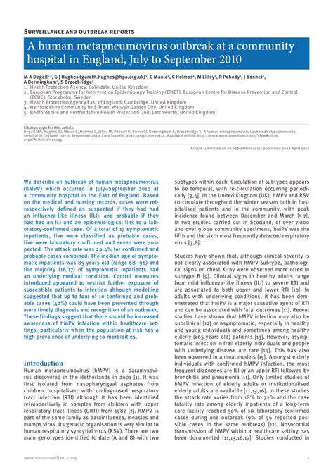 (PDF) A human metapneumovirus outbreak at a community hospital in England, July to September 2010