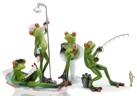 [Set of 4] Novelty Funny Frog Figurines Combo Set ~ 1 Fishing Frog, 1 Frog Taking a Shower, 1 ...