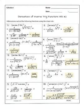 Derivatives of Inverse Trig Functions (2 WS, 20 problems with solutions)