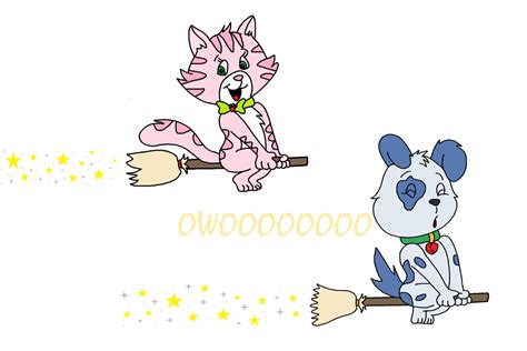 Custard and Pupcake riding broomsticks by topcatmeeces97 on DeviantArt