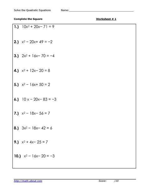 Solve Quadratic Equations by Competing the Square Worksheets