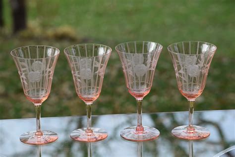 Vintage Etched PINK Optic Glass Wine Glasses, Set of 4, Vintage Pink ...
