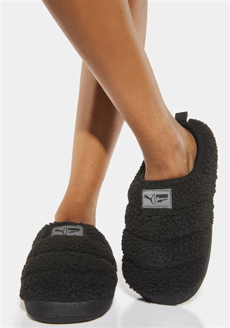 PUMA Faux Fur Shearling Slippers - Black | Dolls Kill