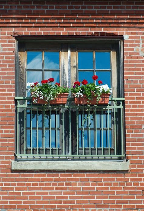 Flower Box at Window Red Brick Wall on Sunny Day Sky Reflections Stock ...