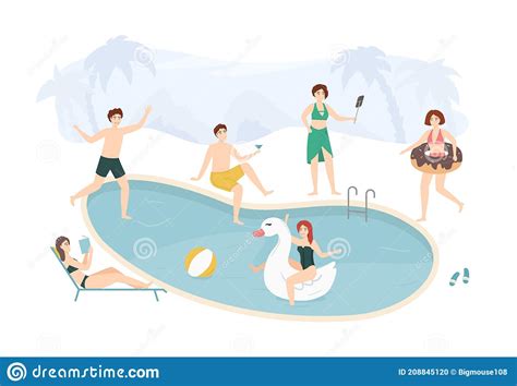 Cartoon Color Characters People and Pool Party Concept. Vector Stock Vector - Illustration of ...