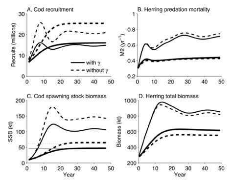 Cod ( Gadus morhua ) rebuilding scenarios without fishing (thin lines)... | Download Scientific ...