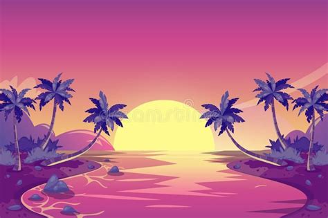 Por do sol tropical do verão Ilustração da paisagem da ilha dos desenhos animados do vetor ...