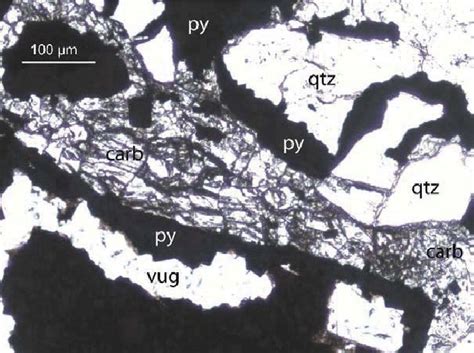 Lang Sen-2-3B-1. Carbonate veinlet (carb), with quartz and pyrite ...