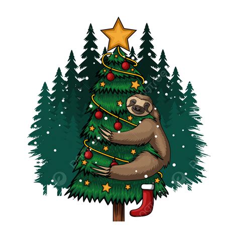 Merry Christmas Tree Vector PNG Images, Sloth Hugging Tree Merry Christmas Vector Illustration ...