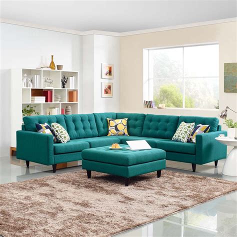 Empress 3 Piece Upholstered Fabric Sectional Sofa Set in Teal | Corner ...