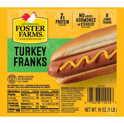 Foster Farms Fully Cooked Jumbo Turkey Franks - Hot Dogs, 7 g Protein ...